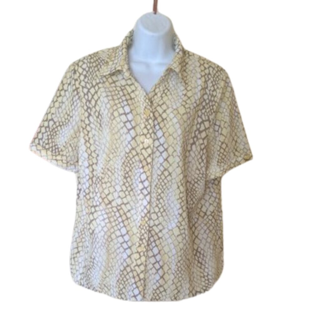 ---  Short Sleeve Yellow and Brown Printed Blouse Size Large Petite (LP)